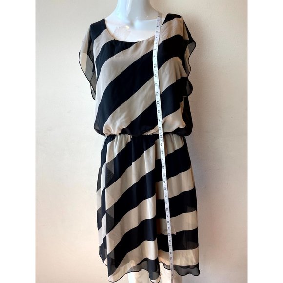 Tacera Women Striped Fit & Flare Dress Sleeveless Back Key Hole Black Ivory SZ L - Picture 3 of 8